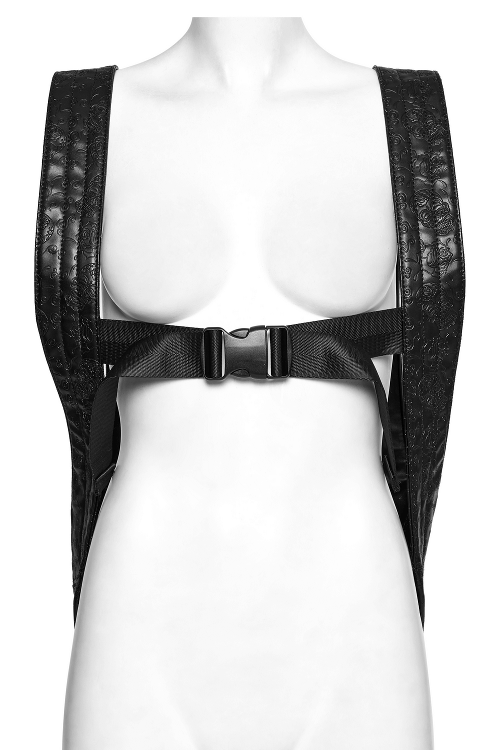 Back view of Gothic faux leather backpack showcasing unique embossed pattern and stylish buckle detail.