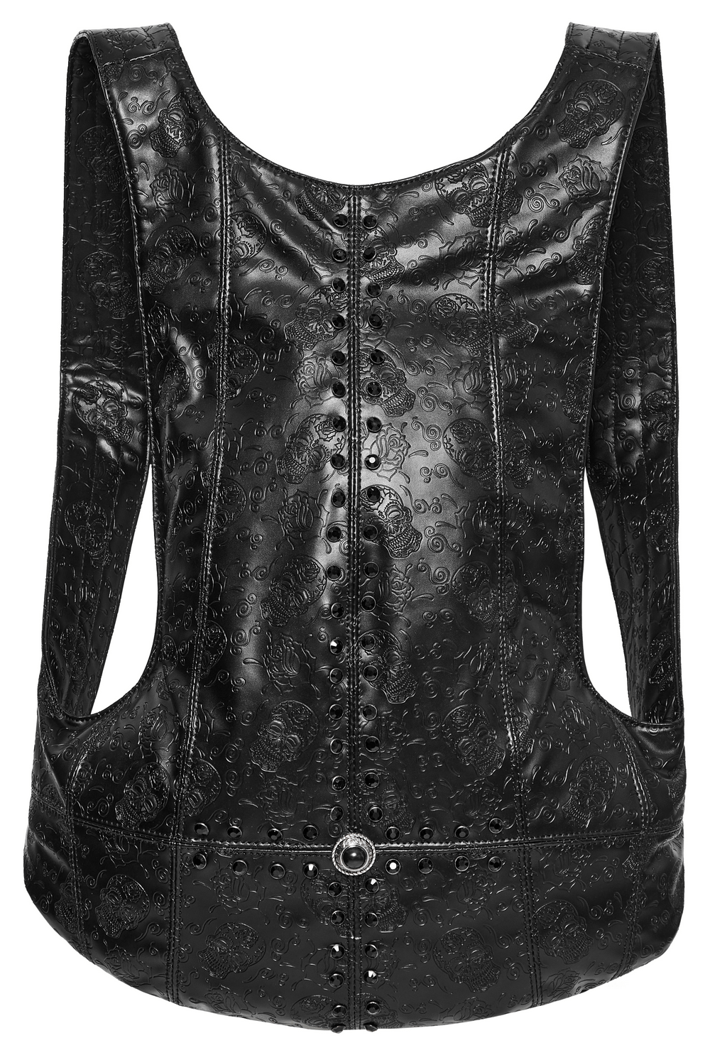 Gothic skull pattern faux leather backpack showcasing a bold buckle and intricate design, perfect for edgy style.