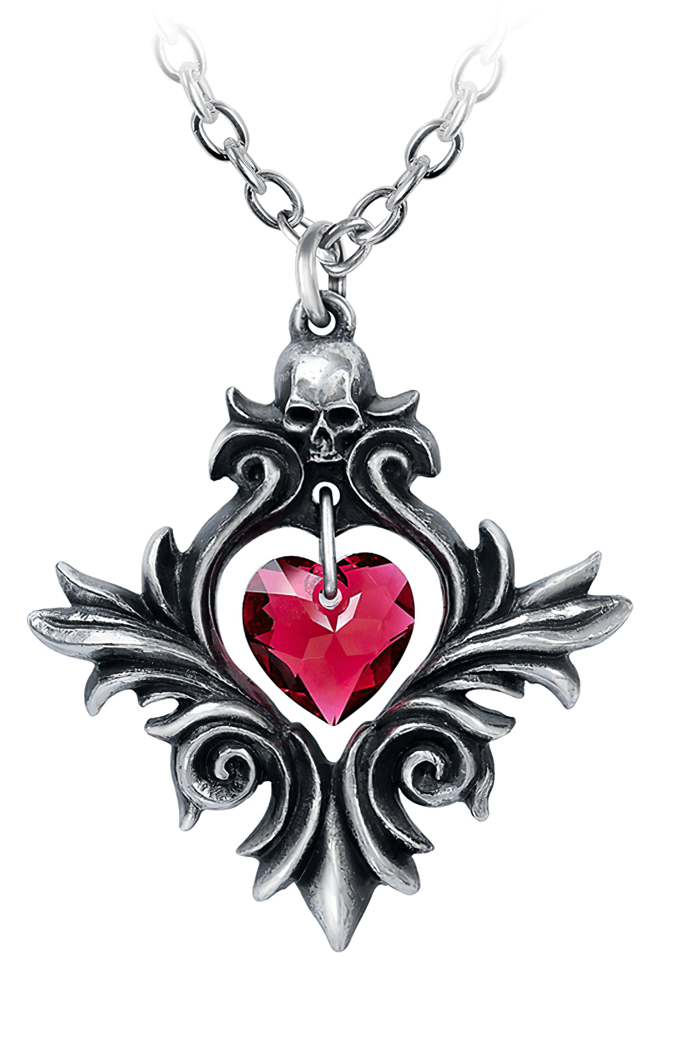Gothic skull pendant with red Swarovski crystal heart in ornate pewter frame, perfect for alternative fashion lovers.
