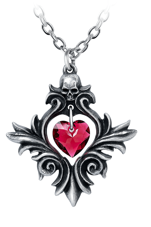 Pendentif Crâne Gothique avec Breloque Cœur en Cristal Rouge