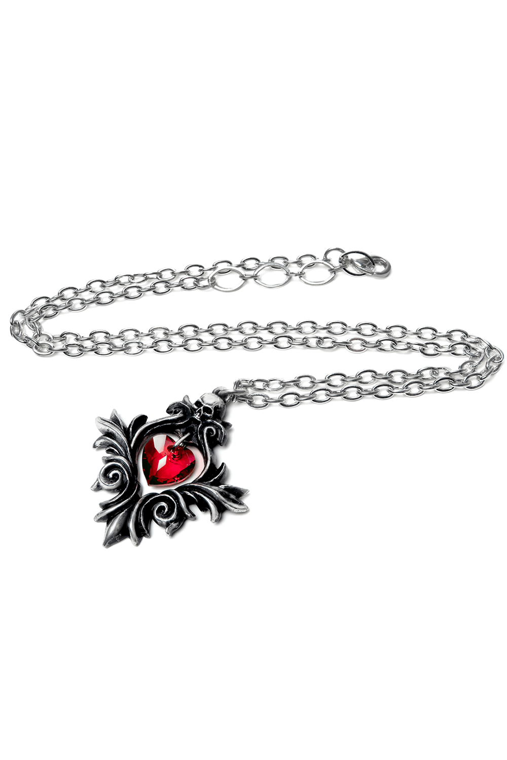 Gothic skull pendant necklace featuring a red Swarovski heart crystal in baroque pewter frame.