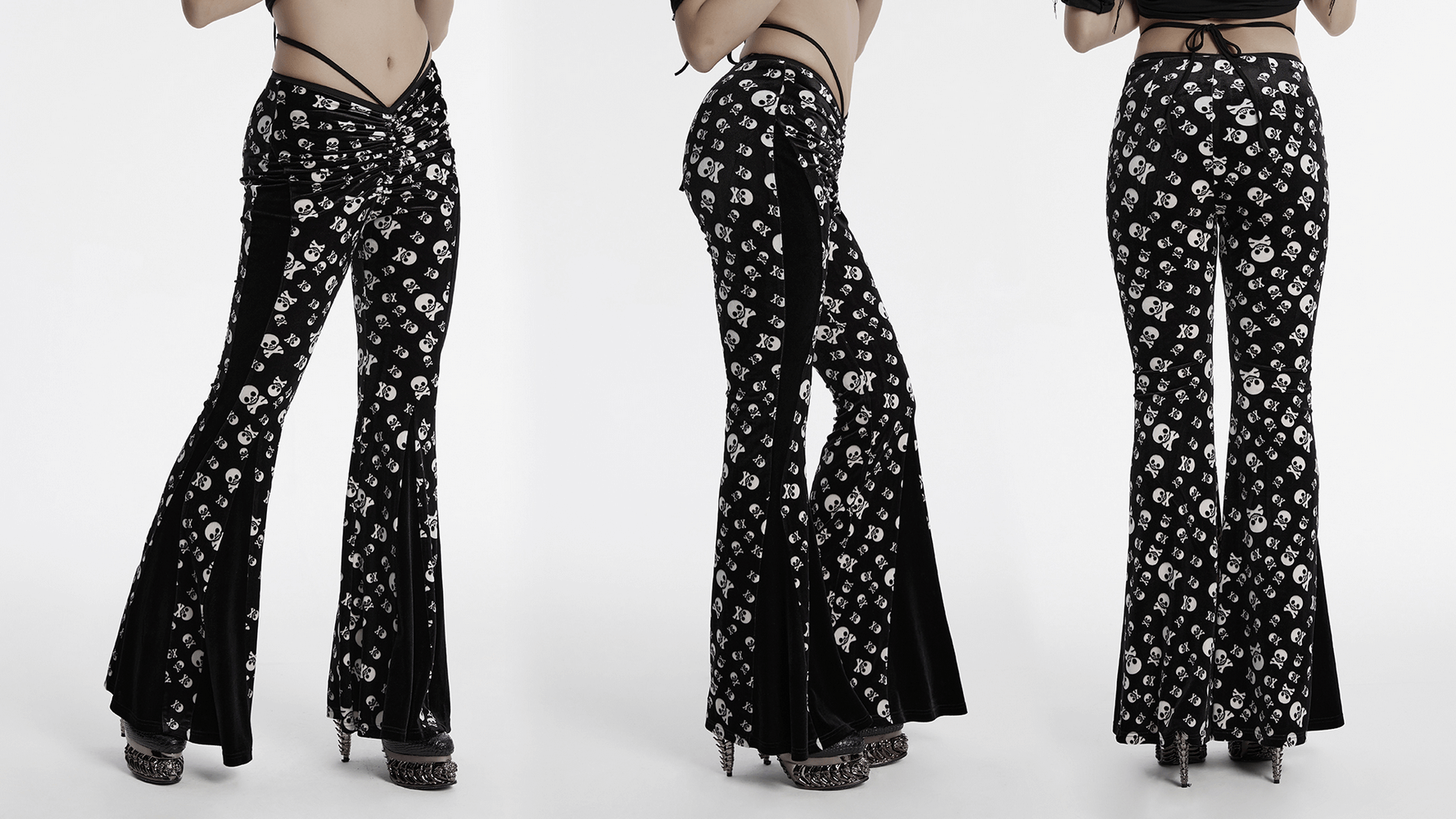 Gothic skull print flared pants with velvet panels showing sleek fit and stylish design, perfect for alternative fashion.