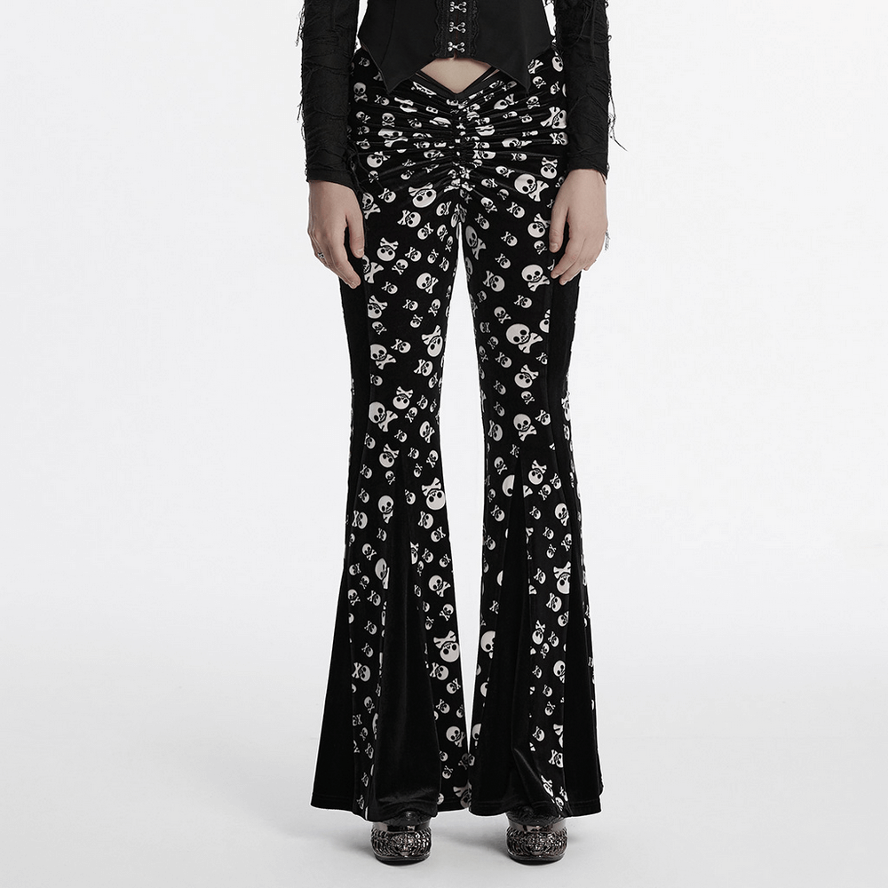 Goth Skull Print Flared Pants with Velvet Panels, featuring a ruched front for a sleek, sultry fit.