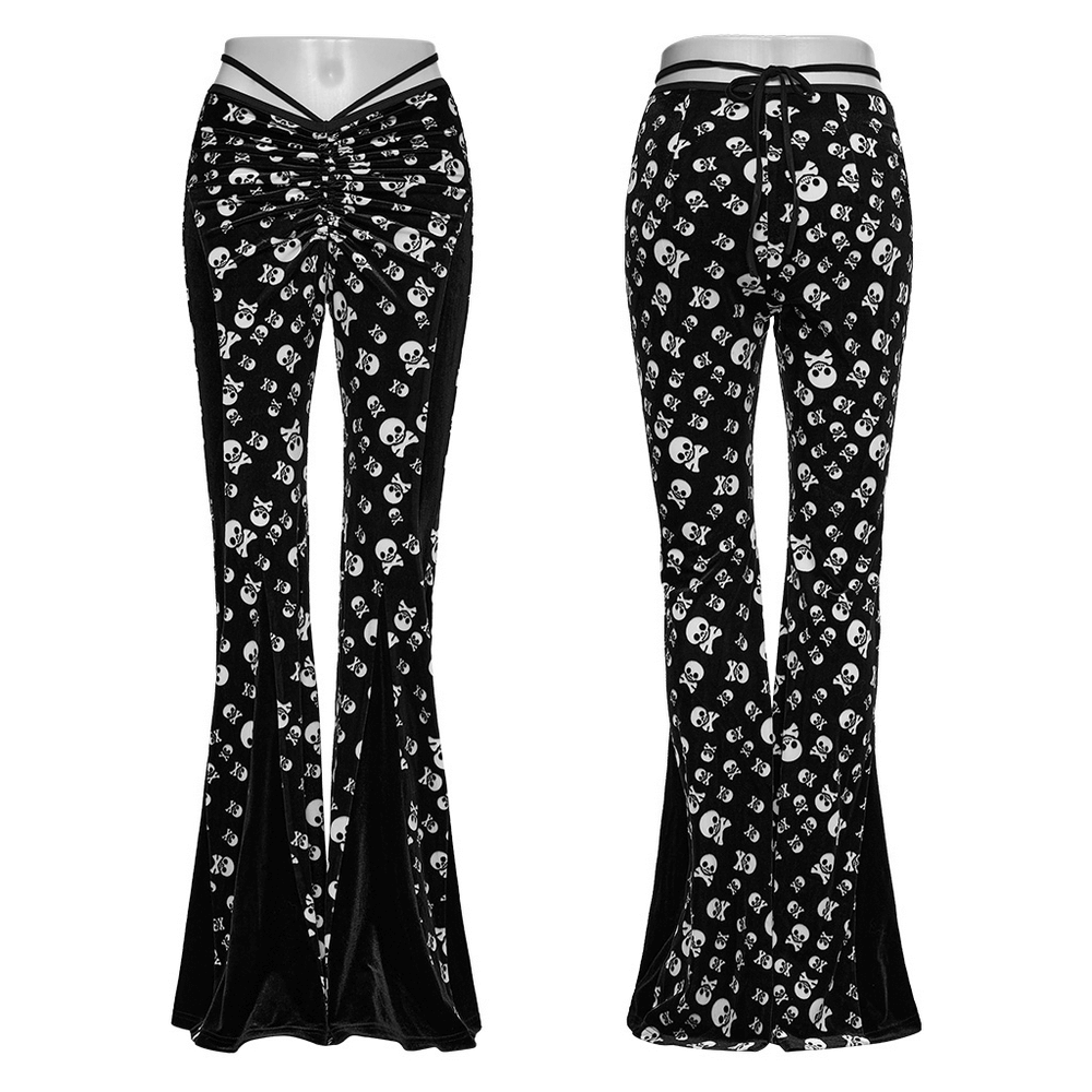 Gothic skull print flared pants with velvet panels, featuring a ruched front and high waist for a stylish alternative look.