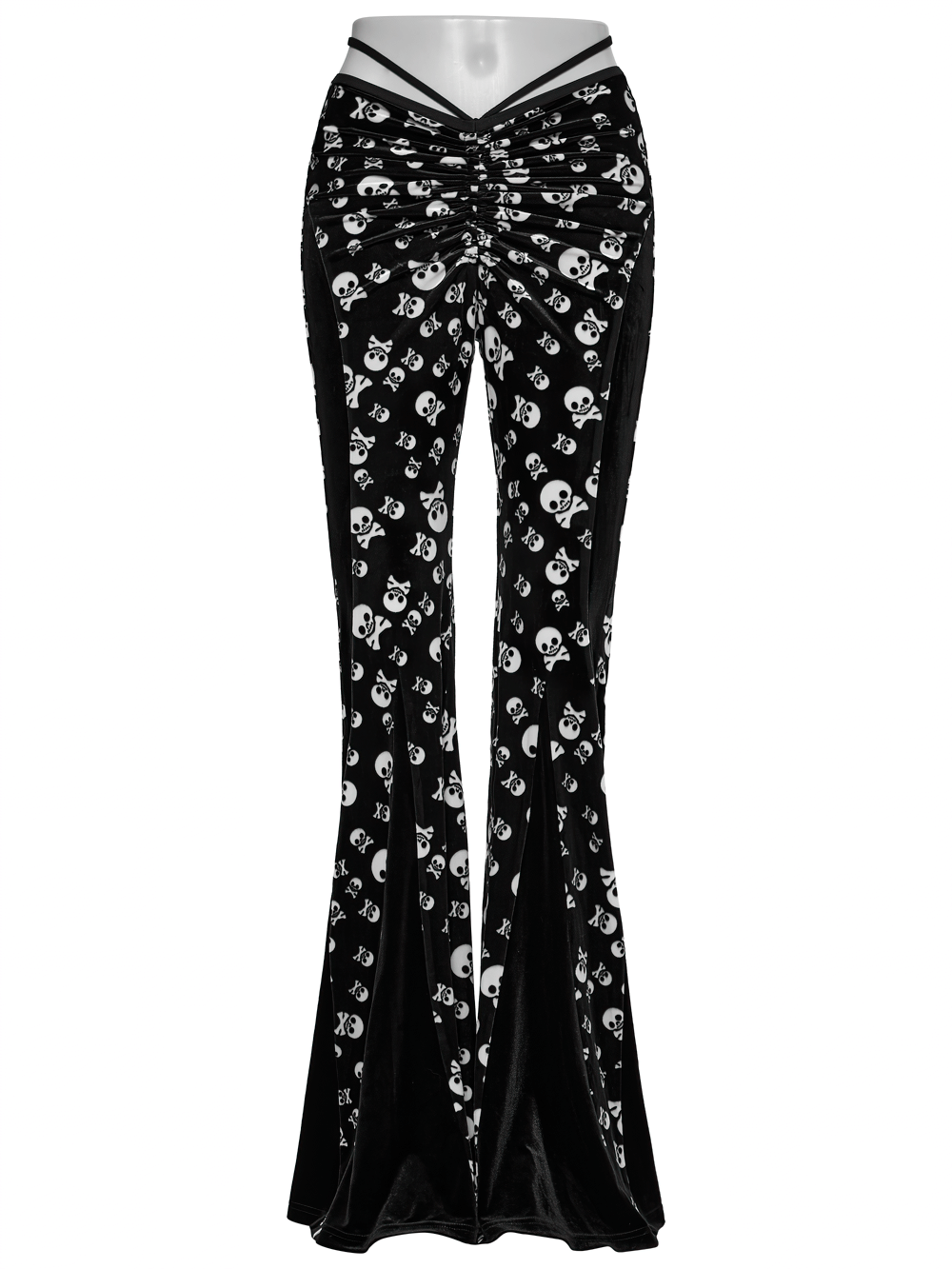 Gothic skull print flared pants with ruched front and velvet panels for a striking alternative fashion look.