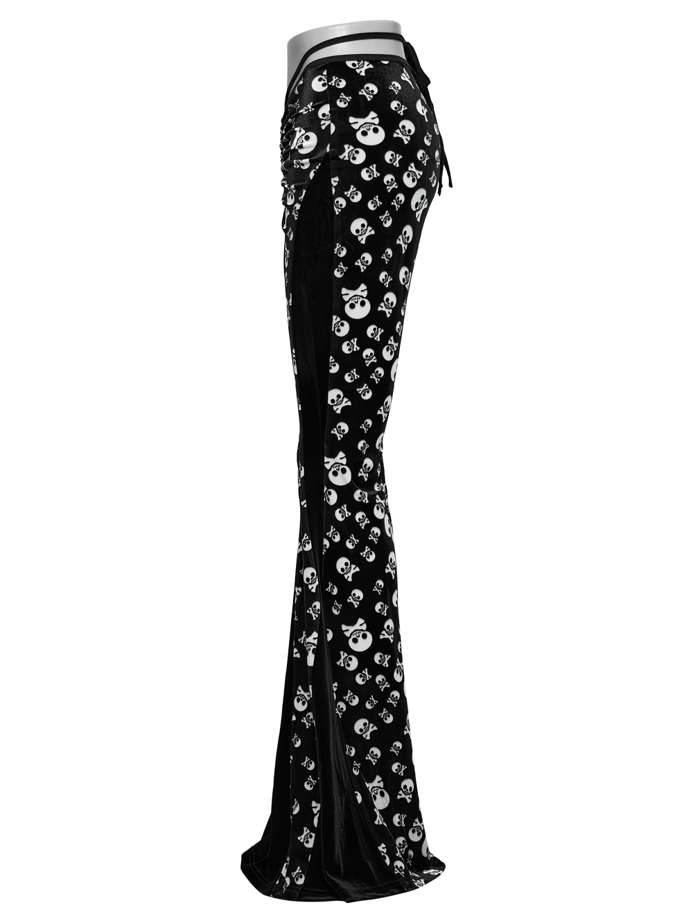 Gothic skull print flared pants with velvet panel design featuring a high waist and ruched front for a sultry look.