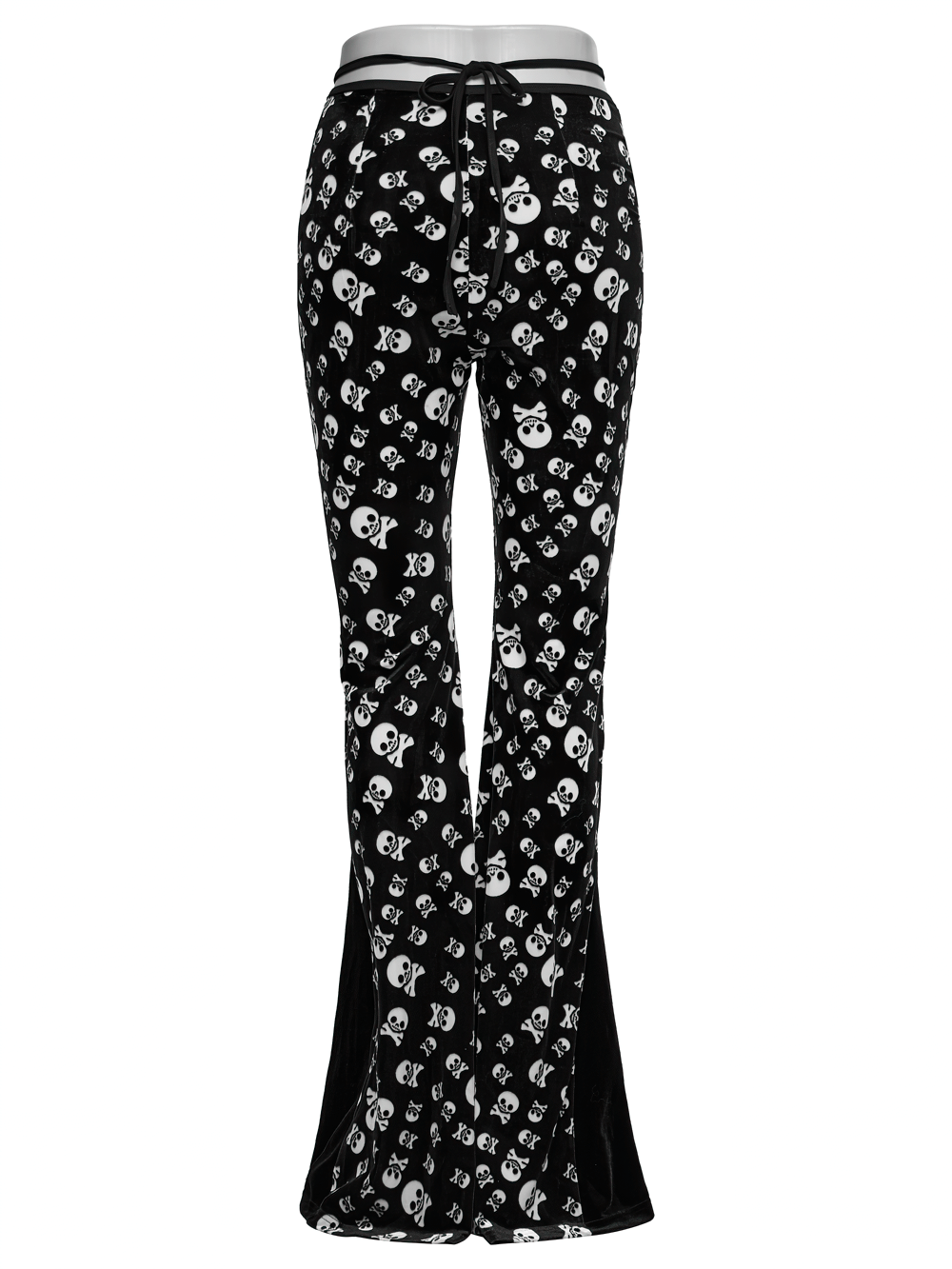 Gothic skull print flared pants showcasing a striking black and white design with velvet panels and high waist silhouette.