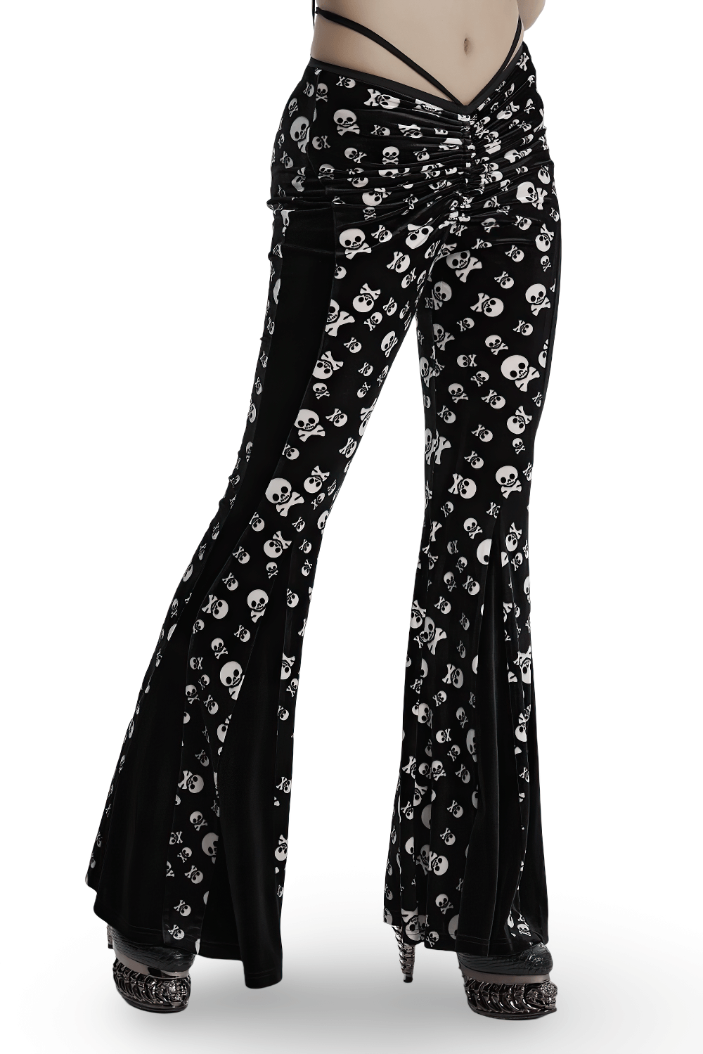 Gothic skull print flared pants with velvet panel design, featuring high waist and ruched front, perfect for alternative fashion.