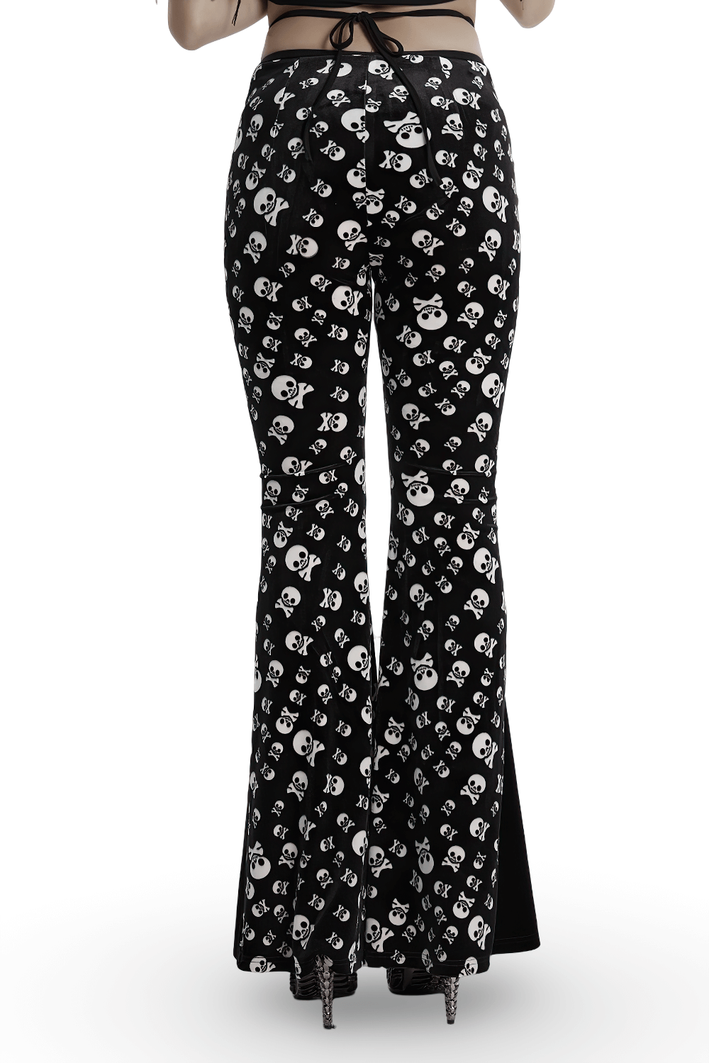 Gothic skull print flared pants from behind featuring soft velvet and high waist design for a sultry style.