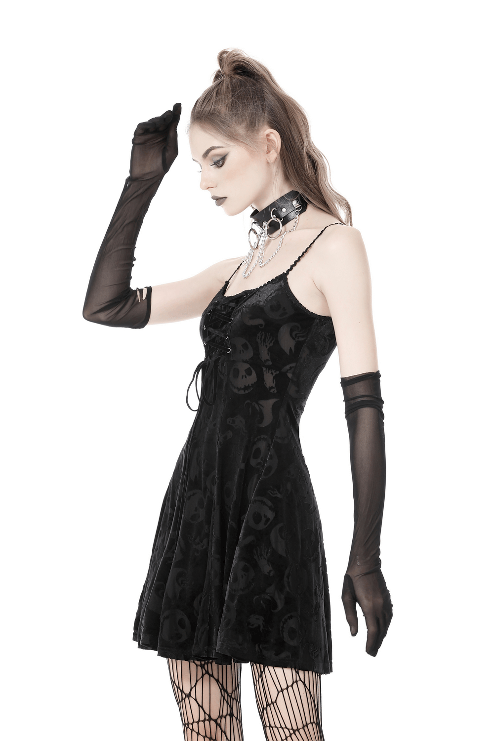 Gothic Skull Print Lace-Up Mini Dress - Enigmatic Elegance