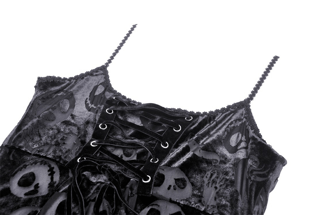 Gothic Skull Print Lace-Up Mini Dress - Enigmatic Elegance