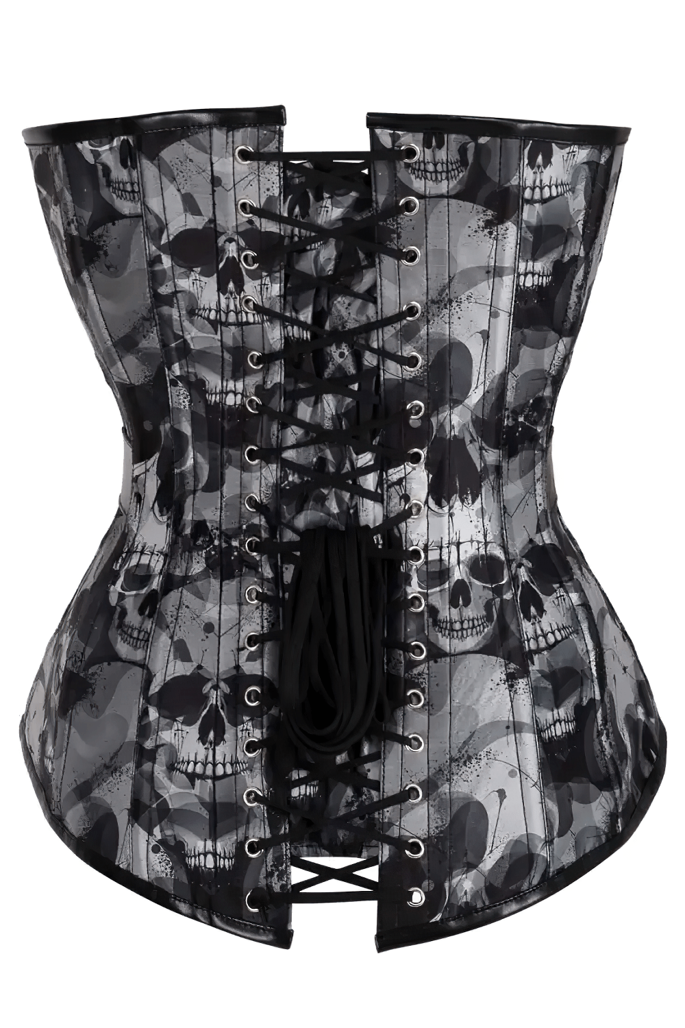 Gothic Skull Print Overbust Corset with a Silver Buckle Belt, black and grey lace-up skull print bustier
