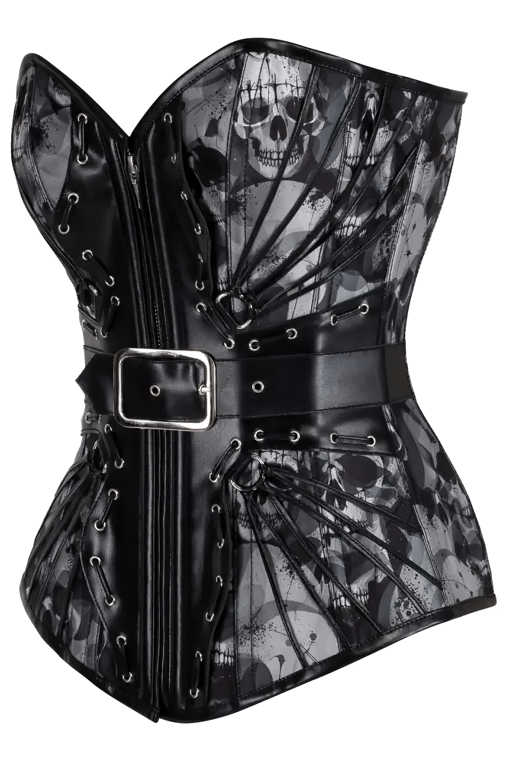 Gothic Skull Print Overbust Corset with a Silver Buckle Belt black, smoky grey skull print, lace-up bustier with zip front