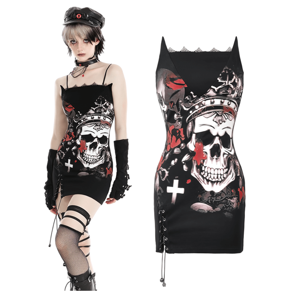 Gothic skull print sleeveless mini dress with lace detail and alternative rose pattern for bold fashion.