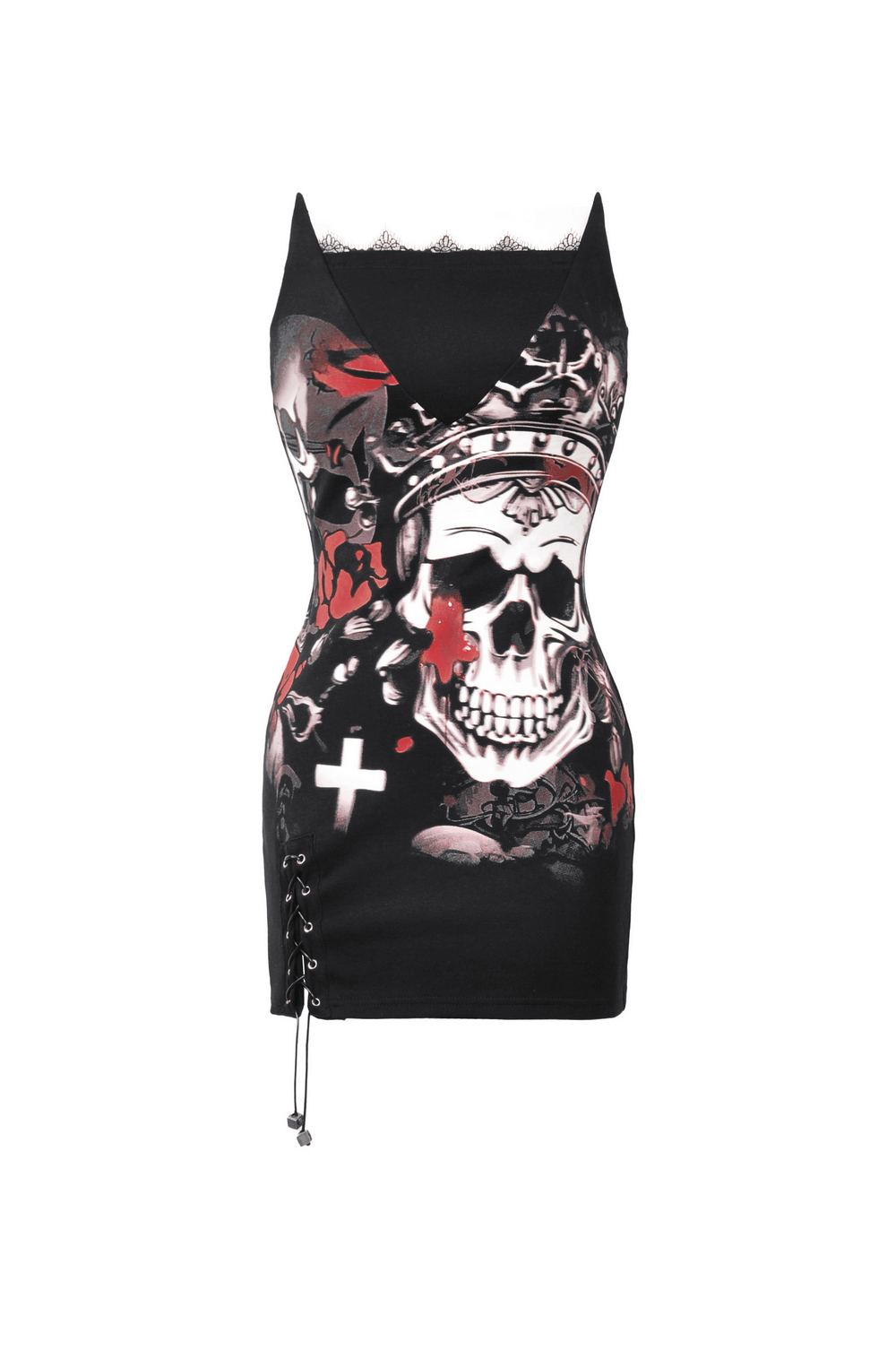 Gothic skull print sleeveless mini dress with lace detail and crown design, perfect for alternative fashion lovers.
