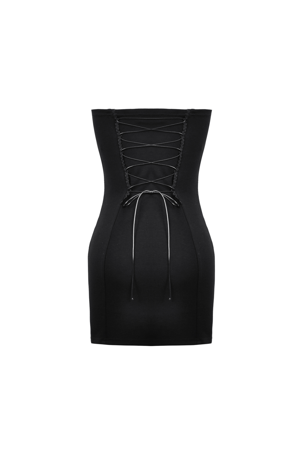 Stylish black sleeveless mini dress with lace-up back detail, perfect for nighttime outings and edgy fashion.
