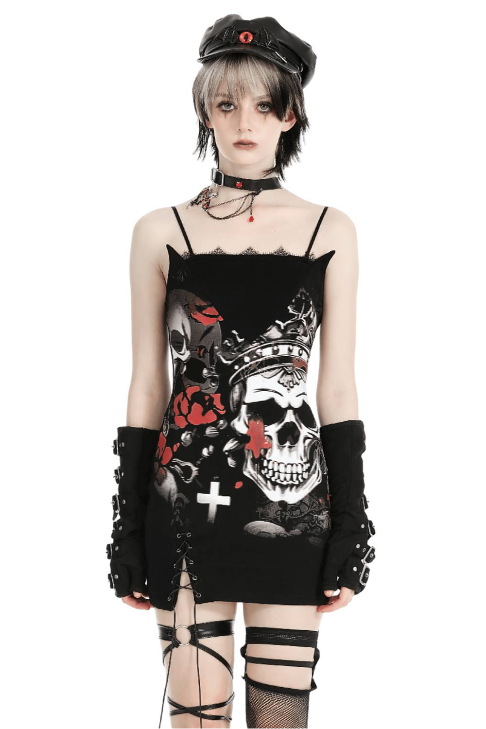 Gothic Skull Print Sleeveless Dress with Lace Detail