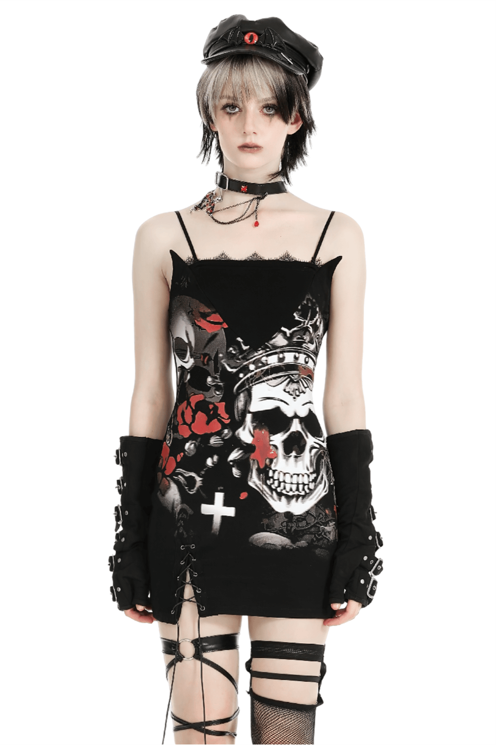 Gothic skull print sleeveless mini dress with lace detail, styled with edgy accessories for alternative fashion.