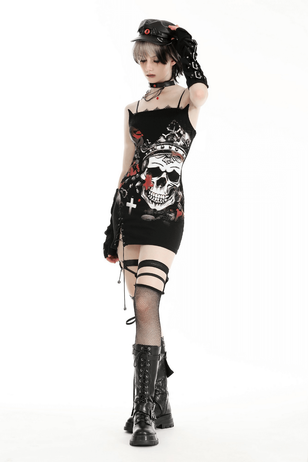 Gothic skull print sleeveless mini dress with lace details, ideal for alternative fashion and bold night outs.