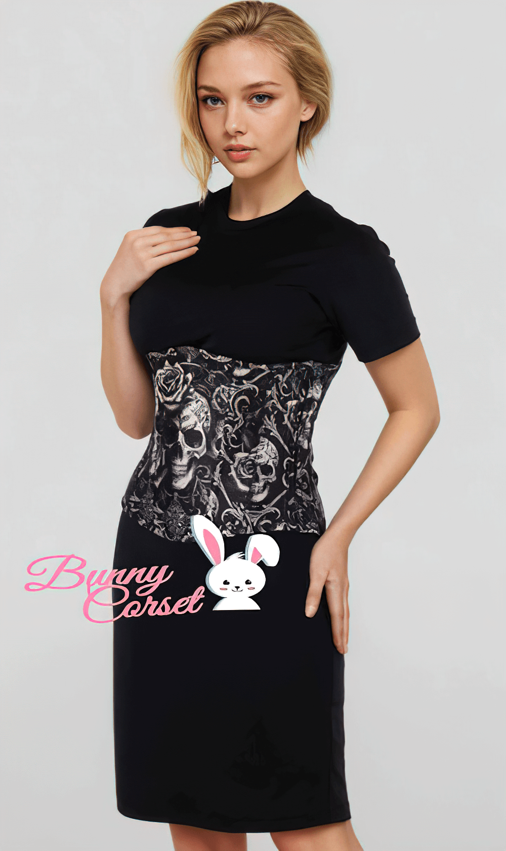 Gothic skull print underbust corset worn over a black dress for dramatic waist training.