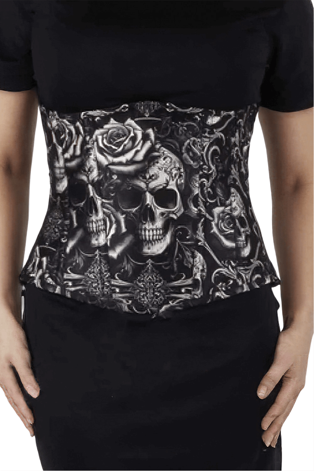 Gothic skull print underbust corset for waist training, featuring intricate skull and rose design.