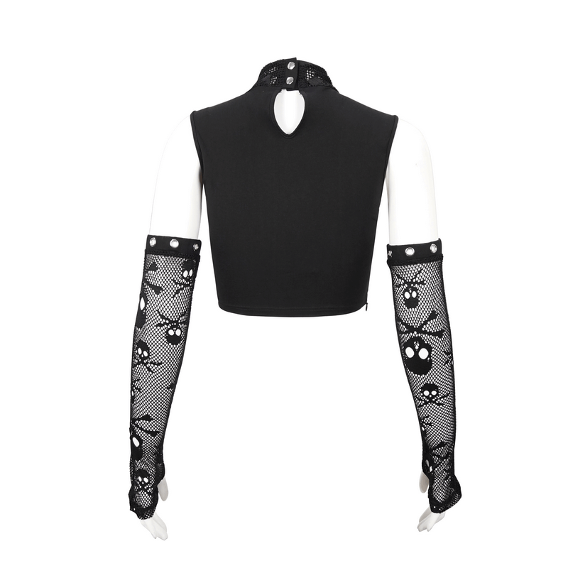 Gothic Skull Printed Mesh Crop Top / Women's Top with Detachable Sleeves - HARD'N'HEAVY