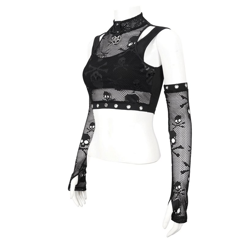 Gothic skull printed mesh crop top with detachable sleeves on a mannequin, perfect for edgy women's fashion.