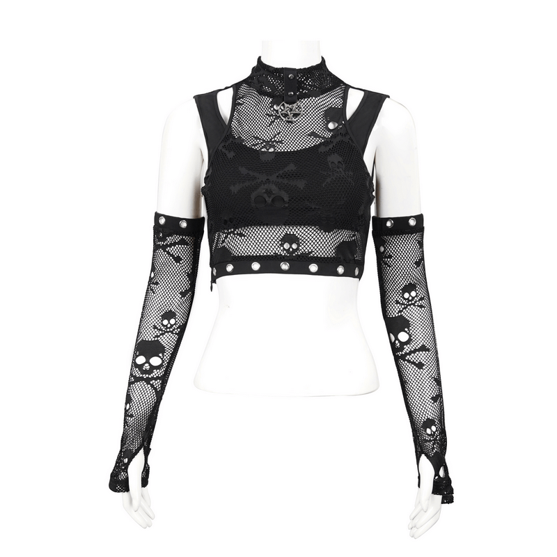 Gothic skull printed mesh crop top for women with detachable sleeves, perfect for edgy fashion lovers.