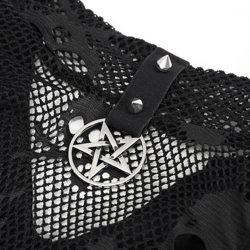 Close-up of black mesh fabric with pentagram charm and studs, showcasing gothic design details.