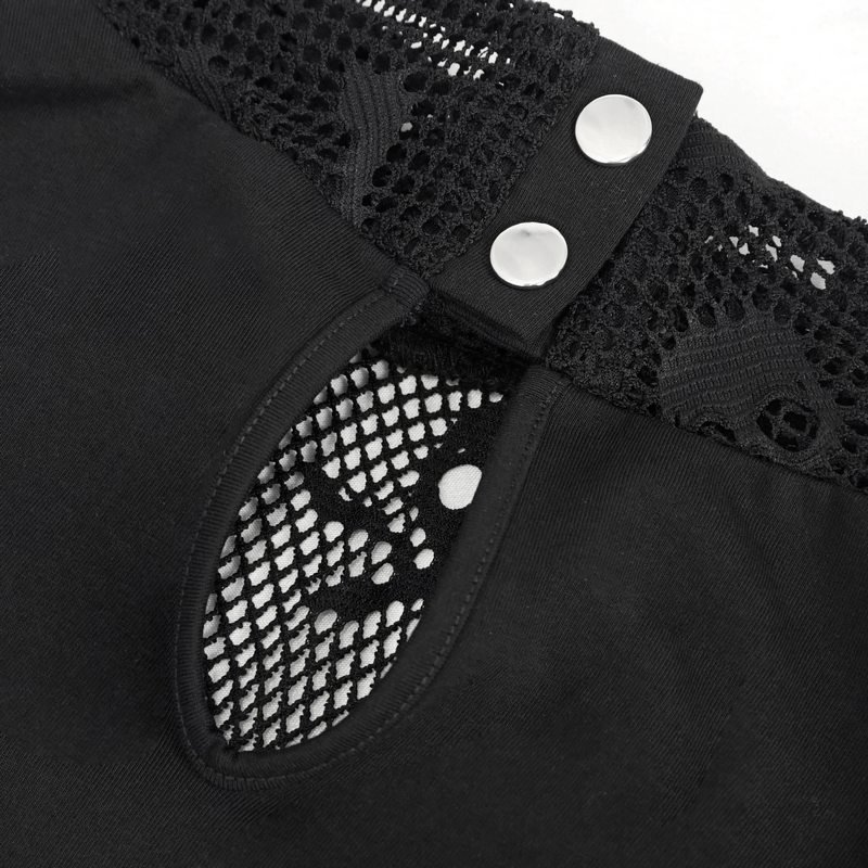 Close-up of black mesh crop top showing intricate lace detailing and button closure, perfect for gothic fashion lovers.