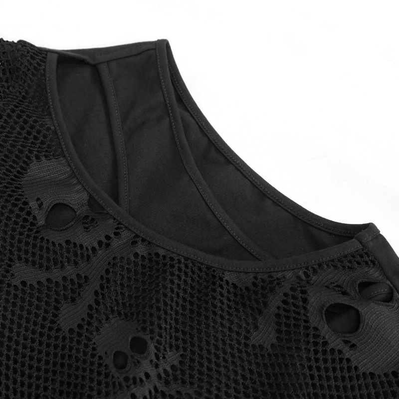 Close-up of a gothic black mesh crop top featuring skull print and a stylish neckline.