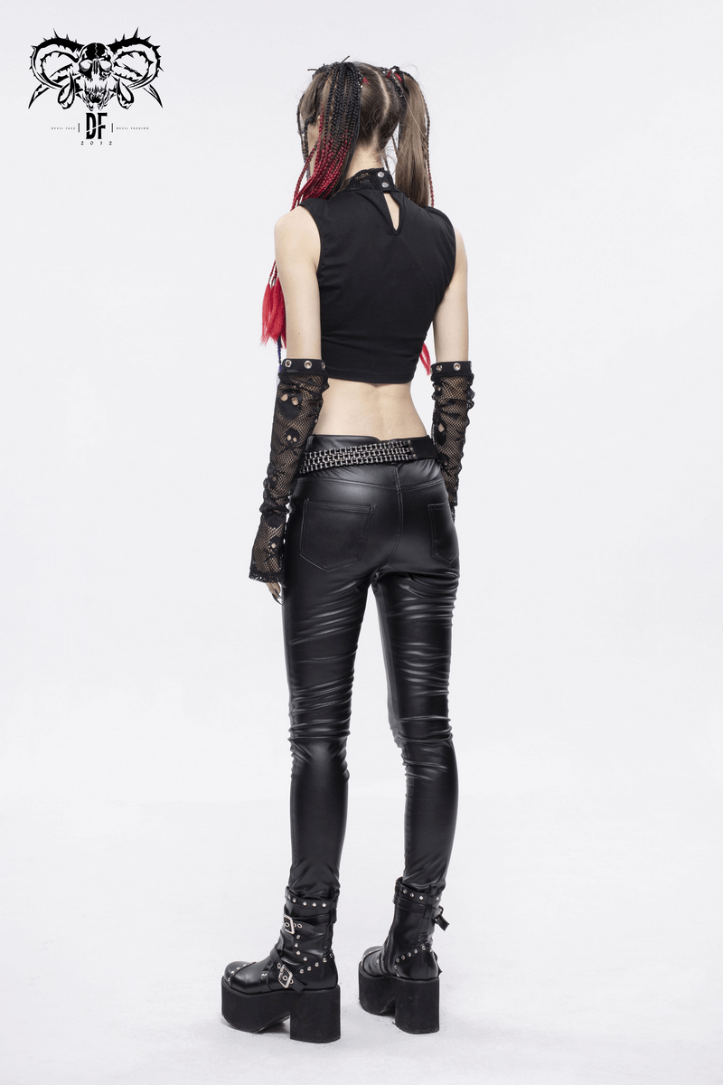 Model wearing Gothic Skull Printed Mesh Crop Top with detachable sleeves and black leather pants from the back.