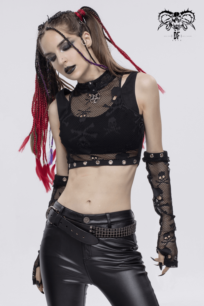 Gothic skull printed women's crop top in black mesh, styled with detachable sleeves and edgy accessories.