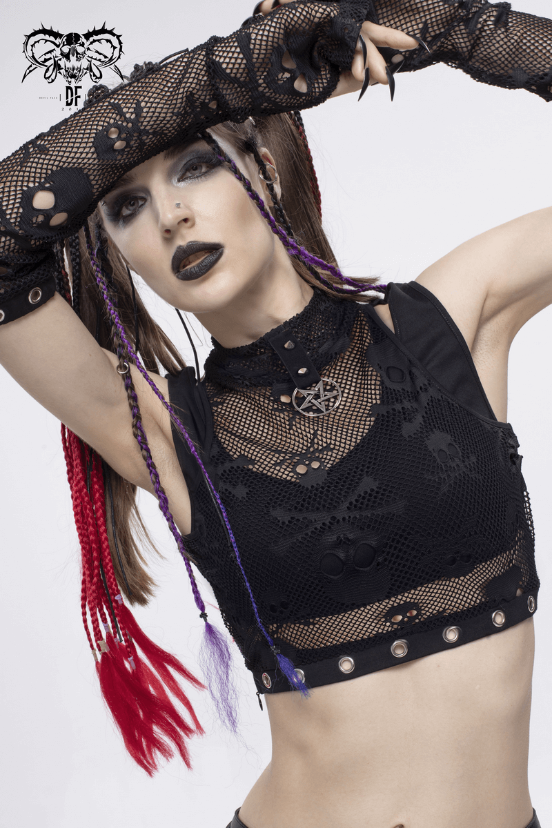Gothic skull printed mesh crop top with detachable sleeves modeled by a stylish woman with edgy hairstyle.