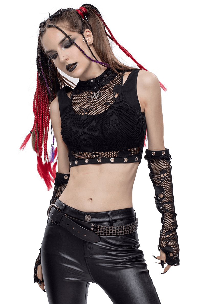Gothic black mesh crop top with skull print, model showcasing detachable sleeves, edgy gothic fashion, perfect for a stylish look.