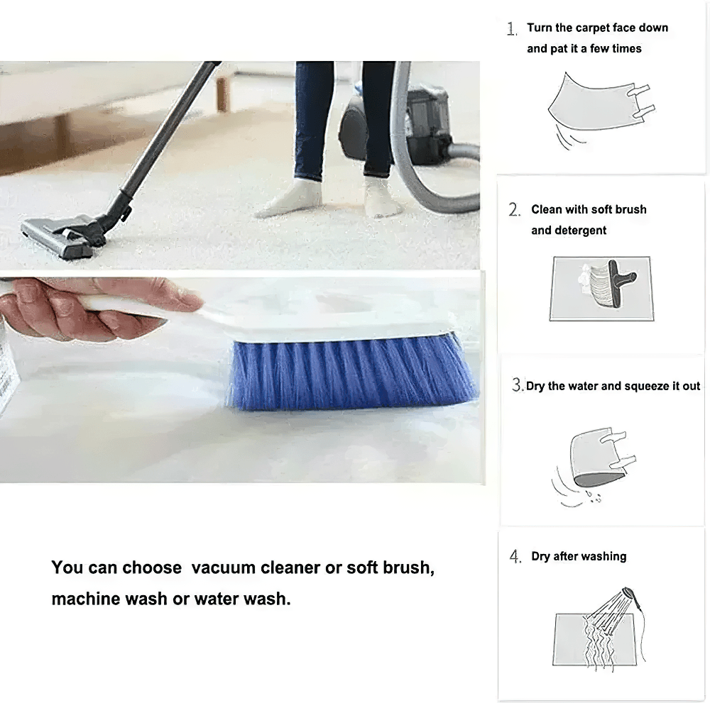 Cleaning instructions for Gothic Skull Raven Area Rug, featuring vacuuming and brush methods, machine wash options.