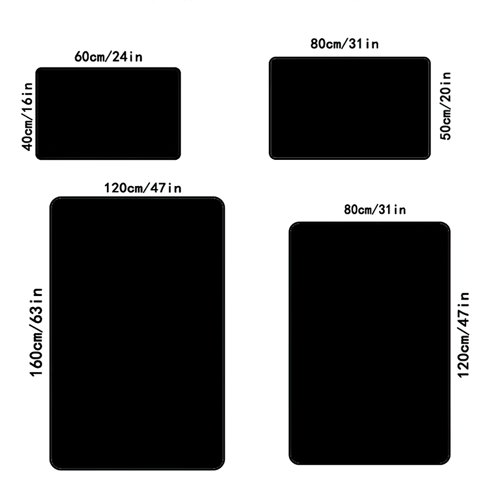 Gothic Skull Raven Area Rug for Dark Home Decor size chart with dimensions for various rectangle rug options.