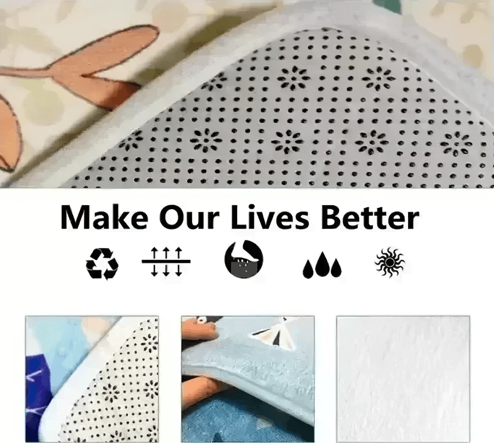 Make Our Lives Better card with images of fabric texture, recycling, and care icons.
