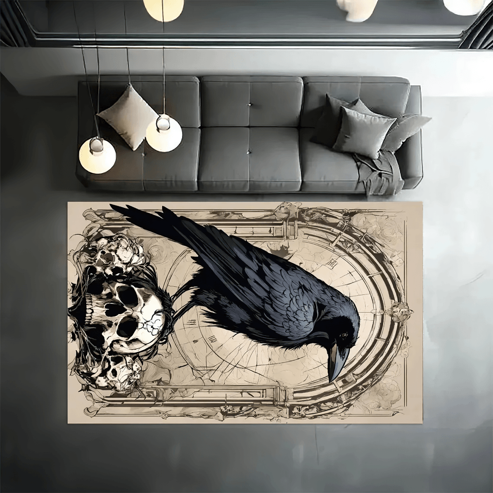 Gothic Skull Raven Area Rug for Dark Home Decor featuring a raven and skull design in a stylish living space.