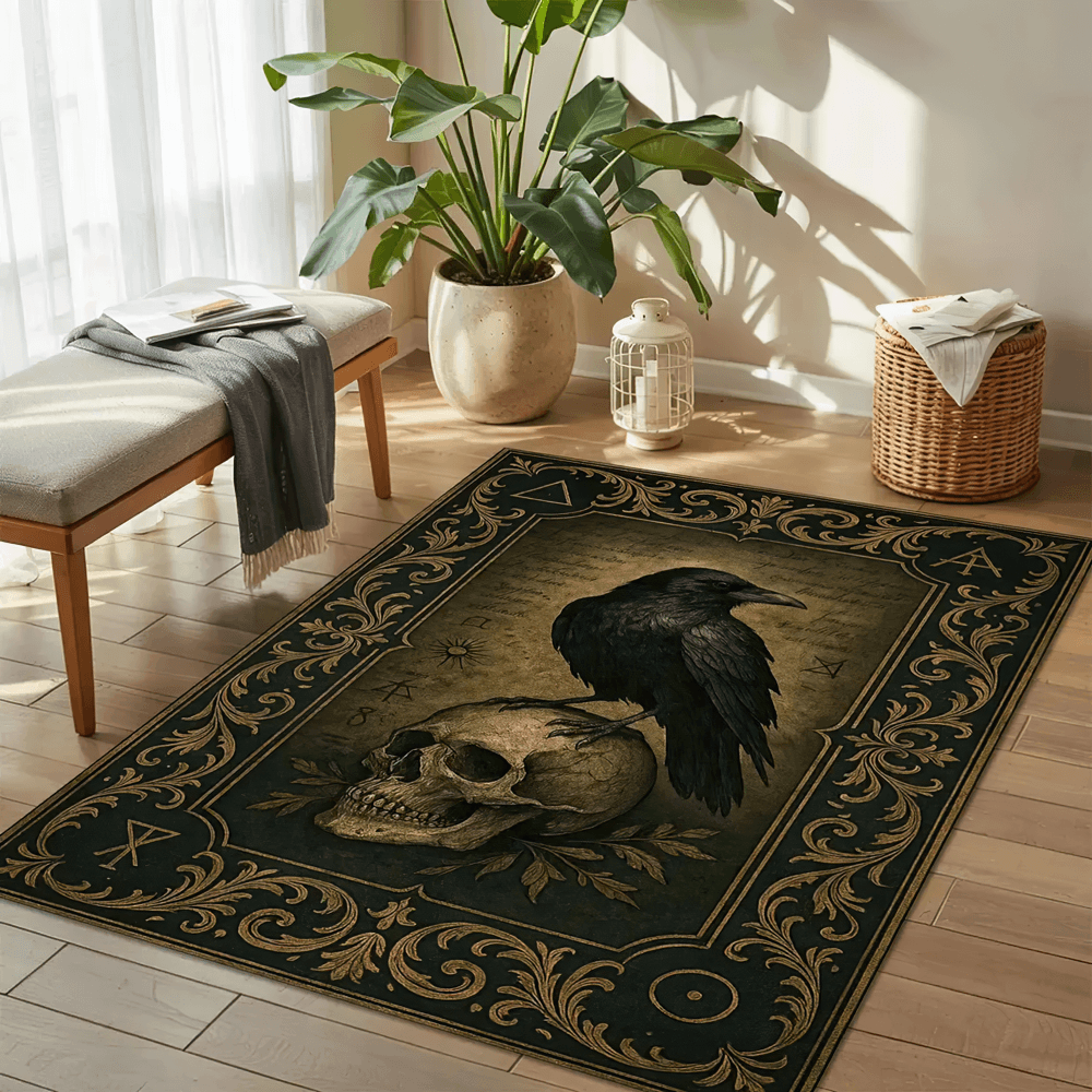 Gothic Skull Raven Area Rug for Dark Home Decor in a stylish living room with elegant floral design.