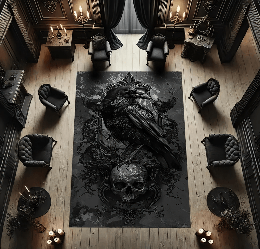 Gothic Skull Raven Area Rug for Dark Home Decor featuring a raven and skull design in an ornate floral pattern.