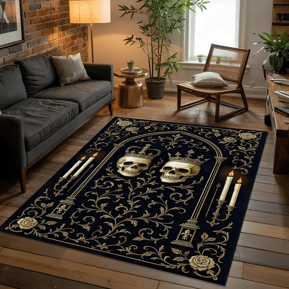 Gothic Skull Raven Area Rug for Dark Home Decor with ornate floral design, skulls and candles in a stylish living room.