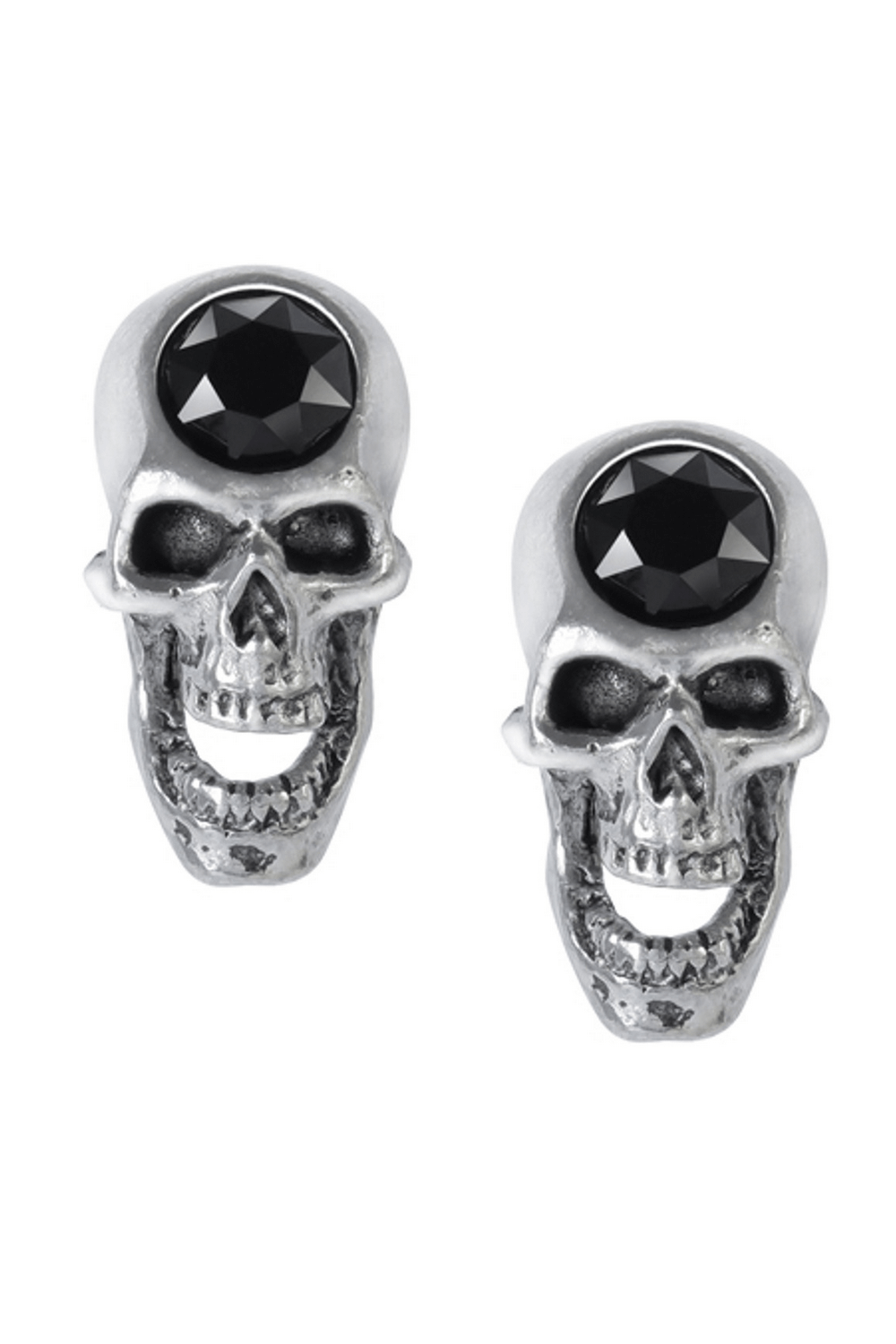 Gothic Skull Stud Earrings with Black Crystal Accents showcasing pewter skulls with black crystal detail.