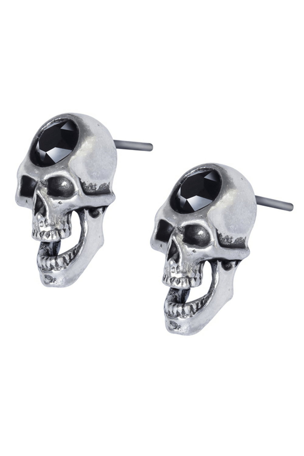 Gothic Skull Stud Earrings with Black Crystal Accents featuring striking pewter skulls and dark crystal accents.