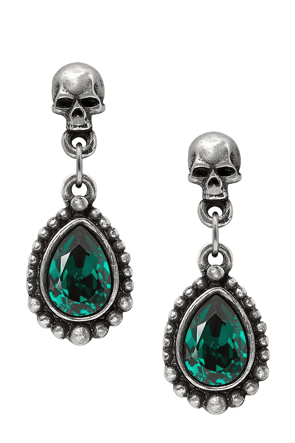 Gothic Skull Teardrop Green Crystal Dangle Earrings with polished pewter and jade green Austrian crystals