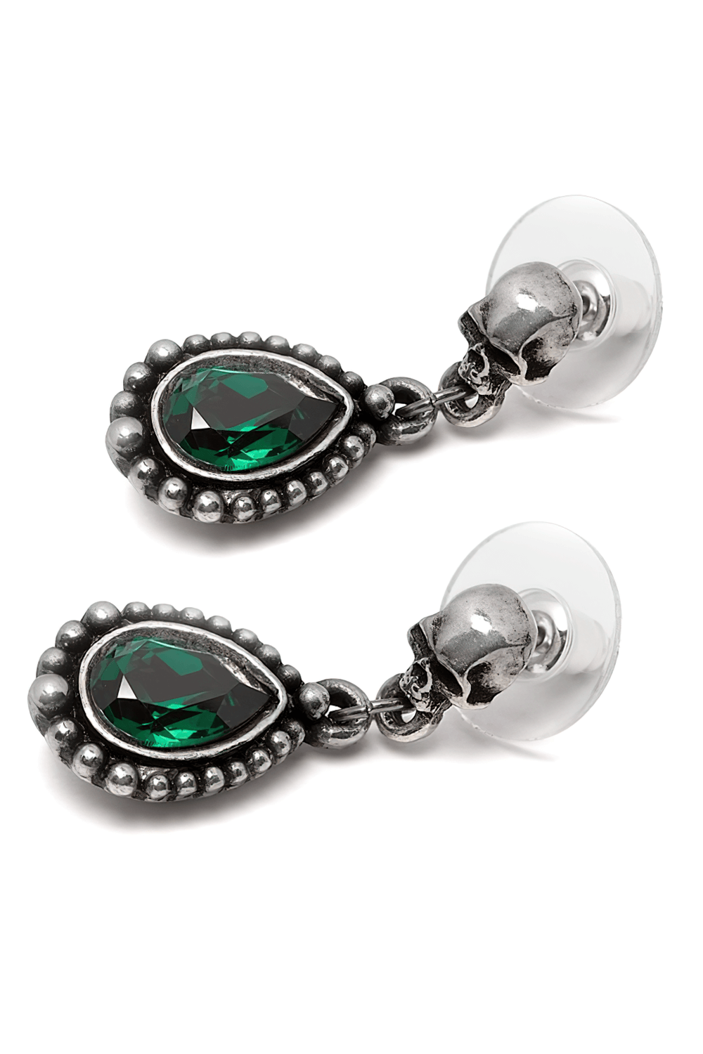 Gothic Skull Teardrop Green Crystal Dangle Earrings featuring polished pewter and jade green crystals.