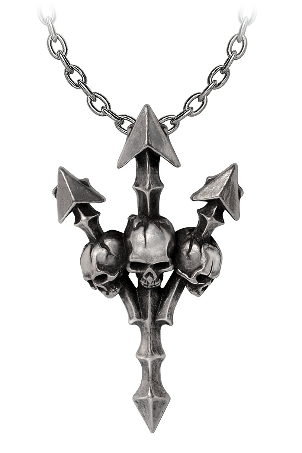 Gothic Skull Trident Pendant with Metalhead Style Charm featuring skulls and spikes in antique pewter.