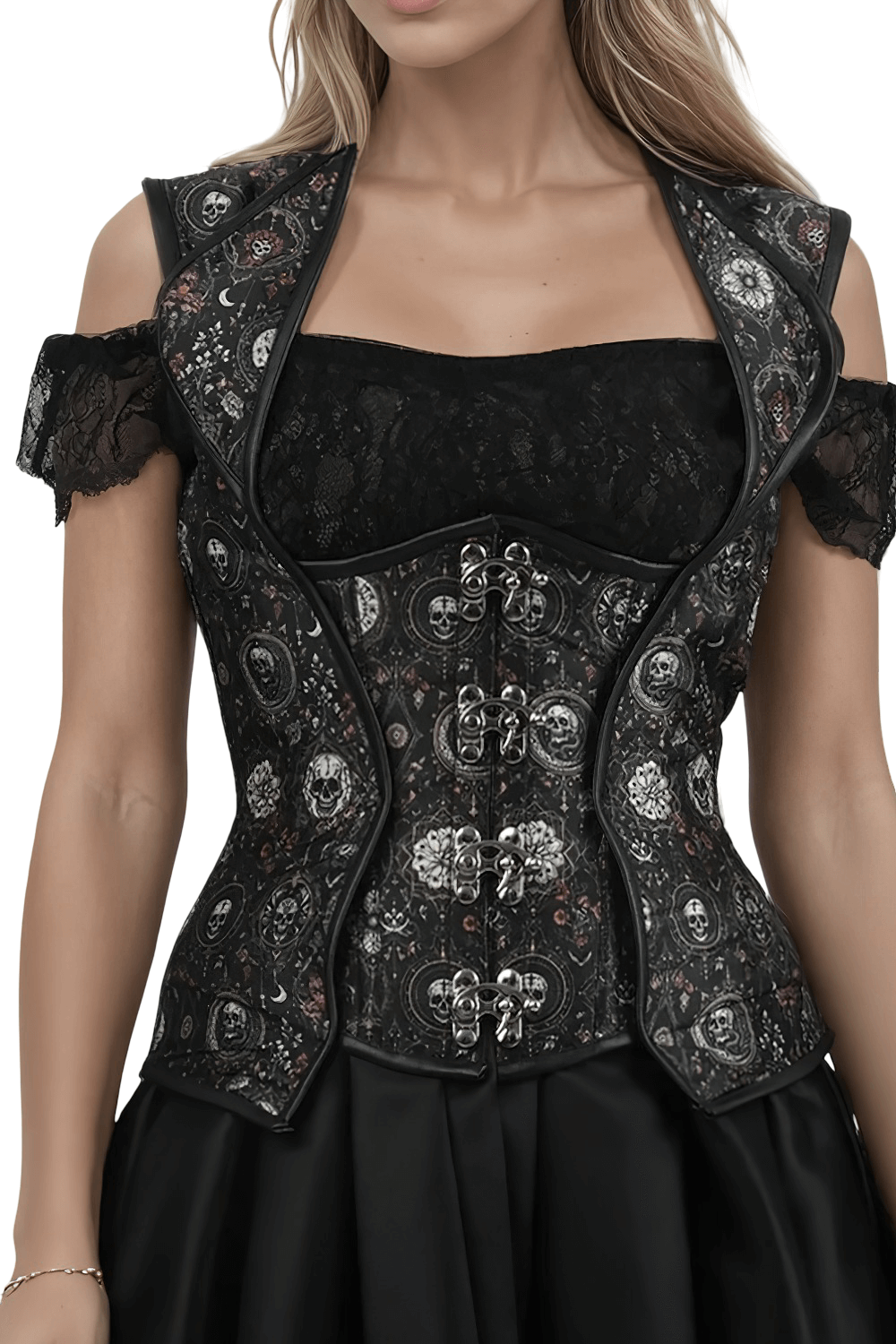 Gothic Skull Underbust Corset with Lace and Halter Strap with intricate skull designs and lace details.