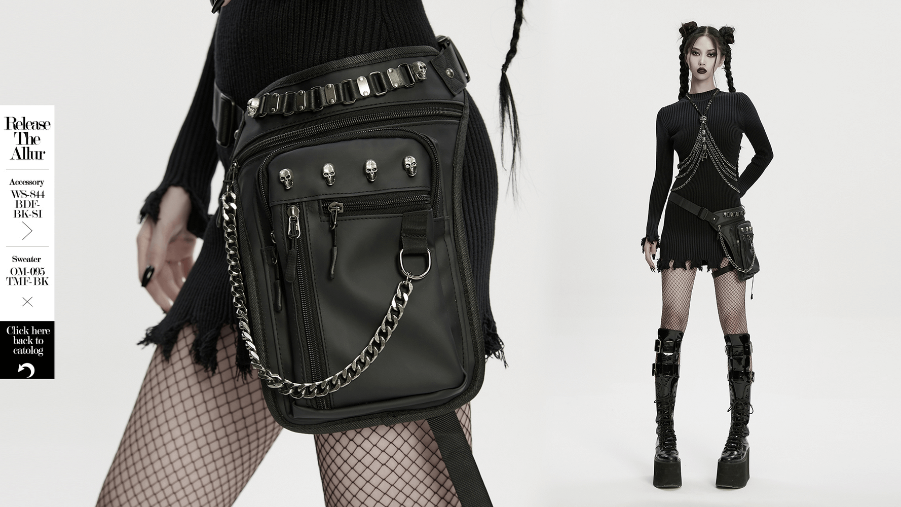Gothic skull waist and leg bag with chains and pockets, styled with edgy black fashion.