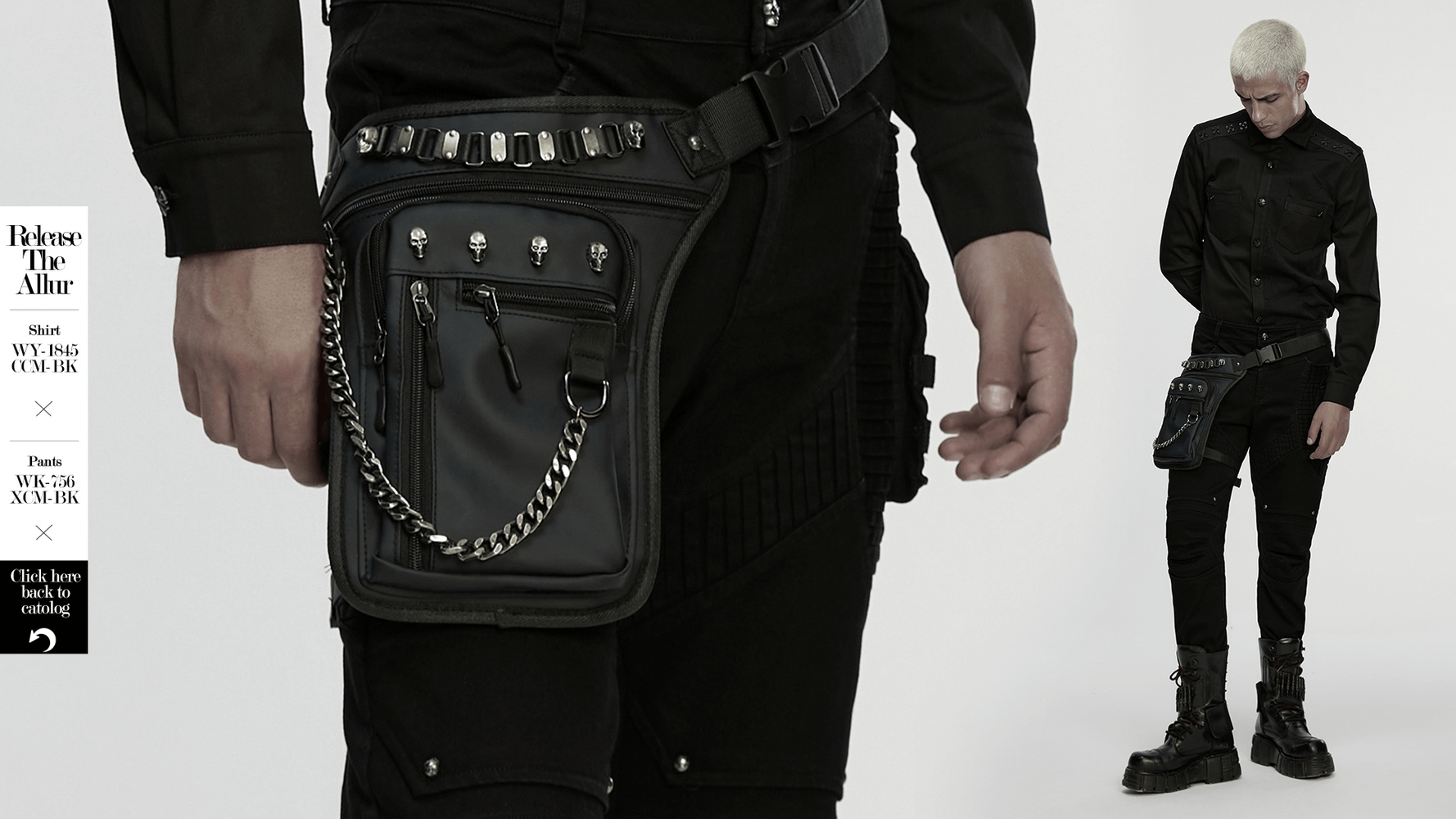 Gothic skull waist and leg bag featuring chains and pockets for a punk-inspired look.